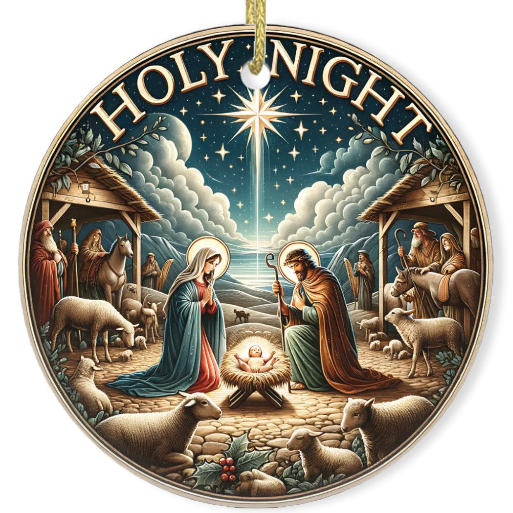 Decorative ornament with nativity scene and 'Holy Night' text on a white background