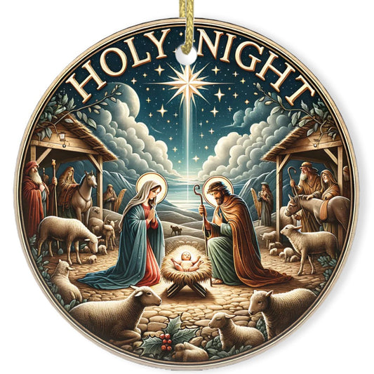 Decorative ornament with nativity scene and 'Holy Night' text on a white background