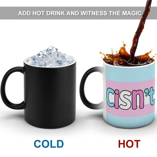 Two mugs, one with ice and the other with 'cisn't' text, change color when hot liquid is added.