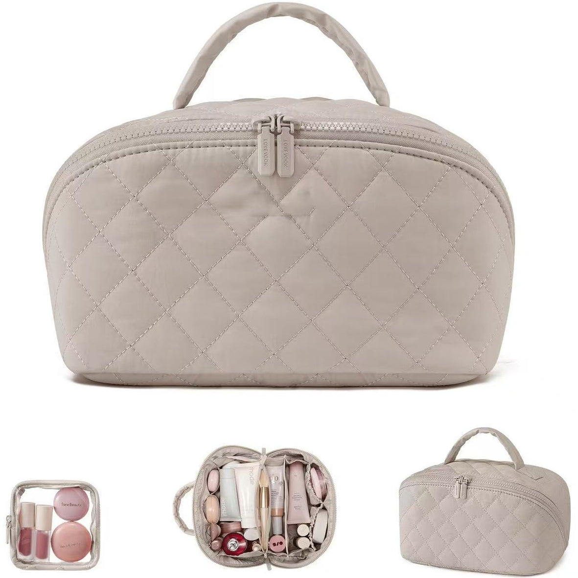 Quilted beige cosmetic bag with makeup items on a white background