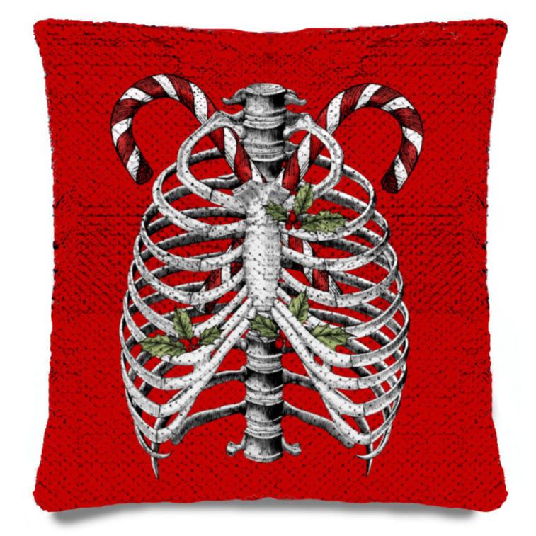 Candy Canes and Bones – Festive Goth Christmas Sequin Pillowcase – Soft, Durable, and Elegant Home Décor