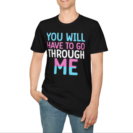 Person wearing a black t-shirt with colorful text on a white background