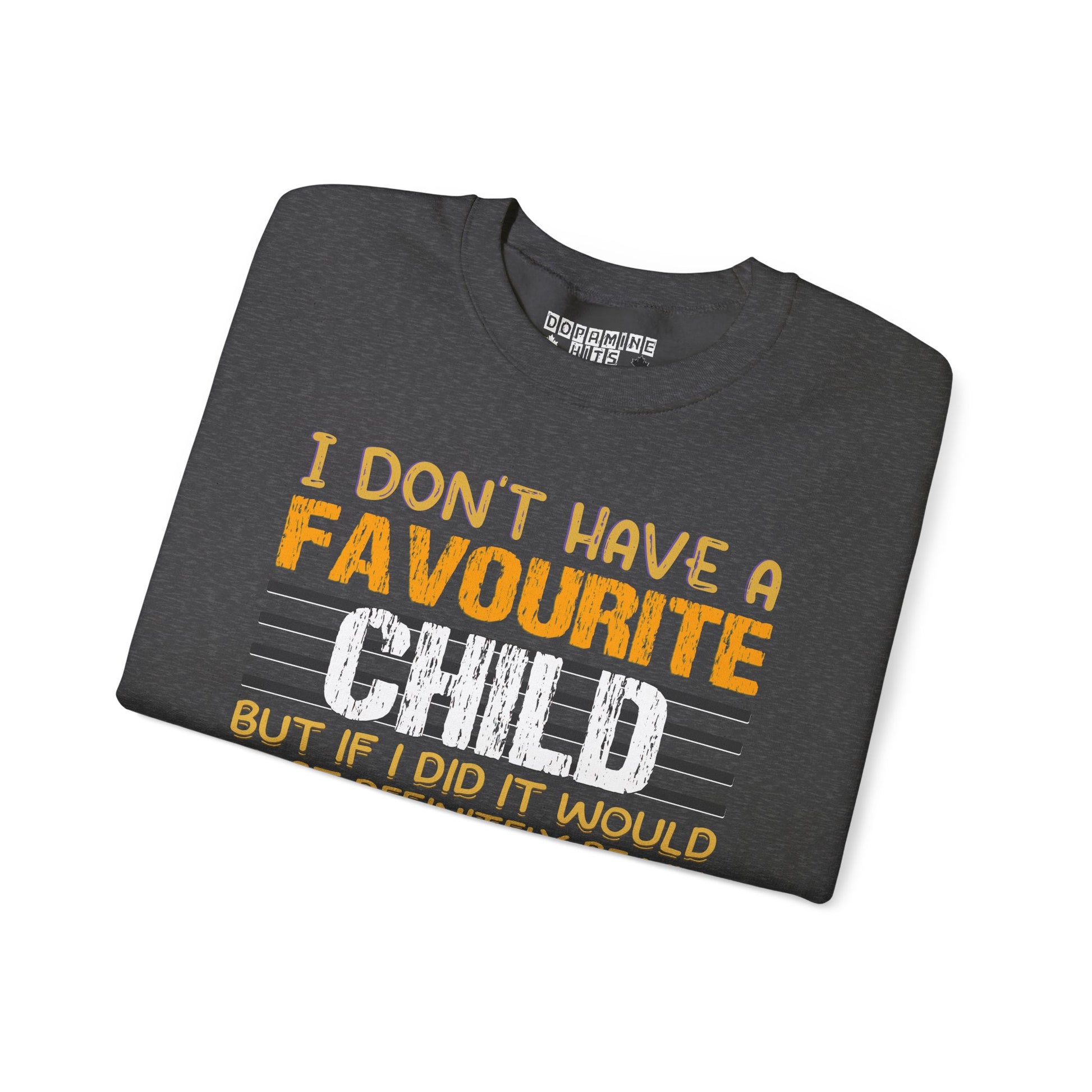 Folded dark gray t-shirt with humorous text design on a white background