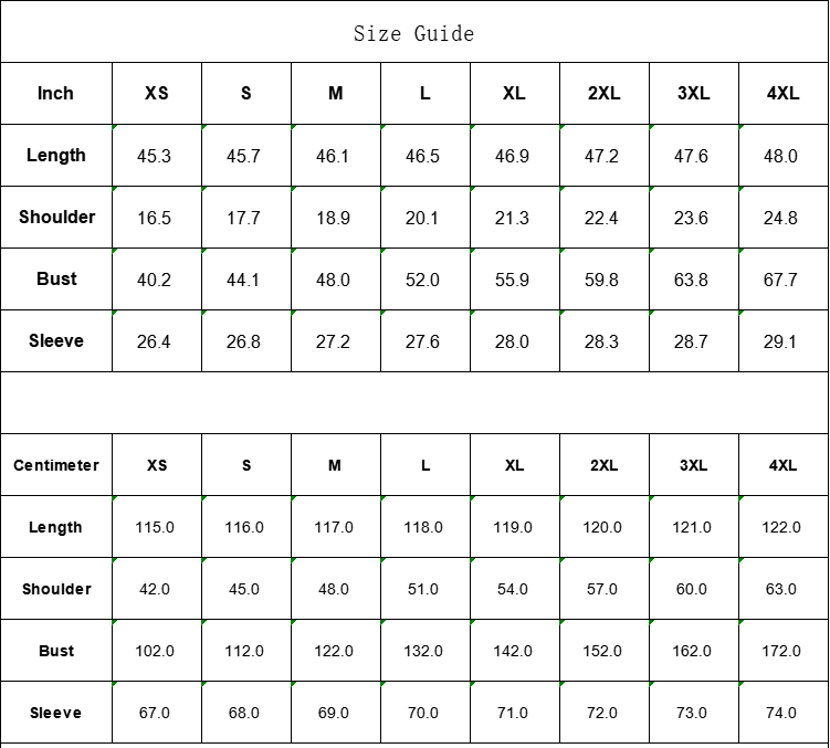 Size guide chart for clothing measurements in inches and centimeters.