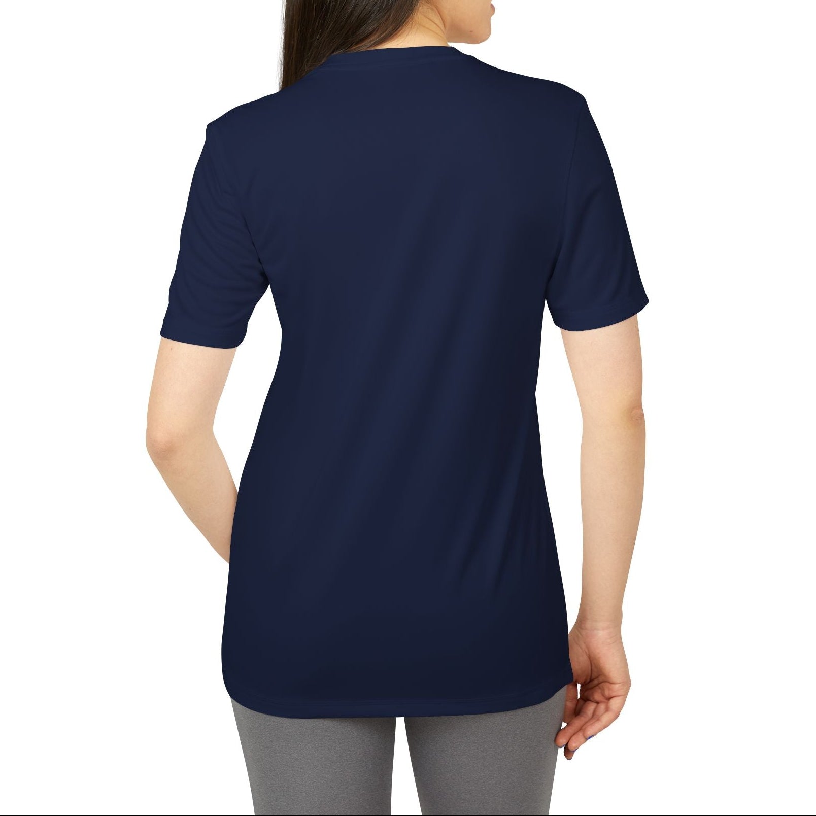 Woman wearing a navy blue t-shirt on a white background