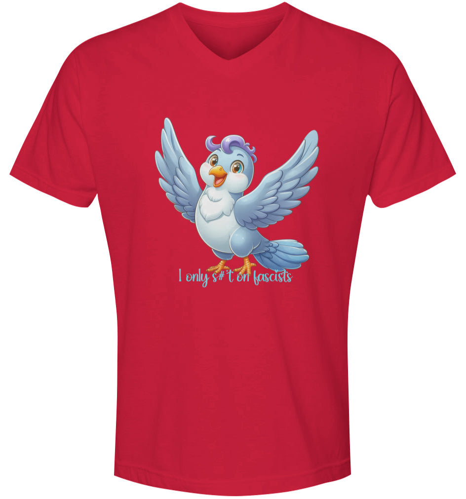Red t-shirt with a cartoon dove graphic and text