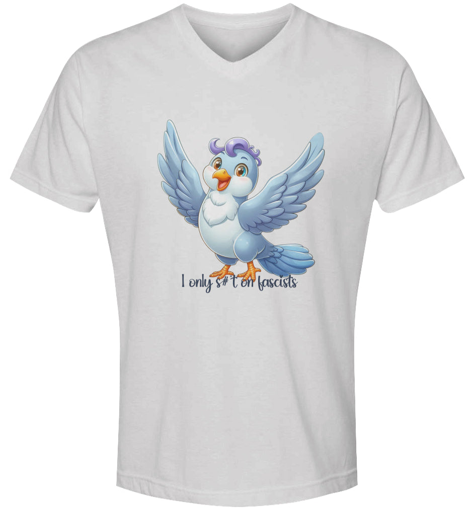 White t-shirt with a cartoon dove graphic and text on a white background