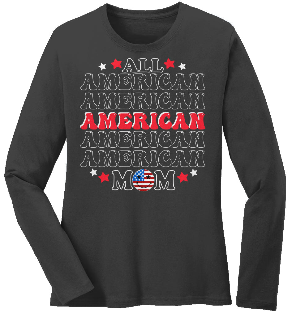 All American Mom | Long Sleeve Midweight 100% Cotton Tee - White Outlines