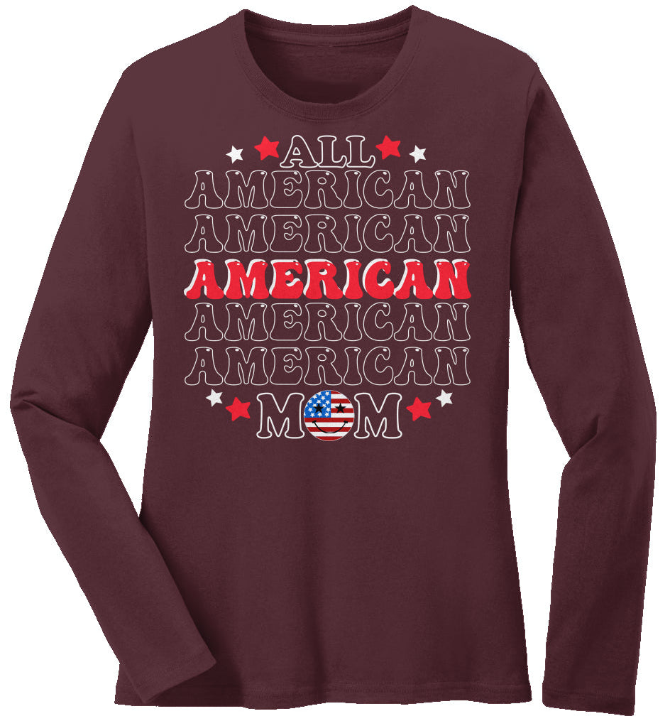 All American Mom | Long Sleeve Midweight 100% Cotton Tee - White Outlines