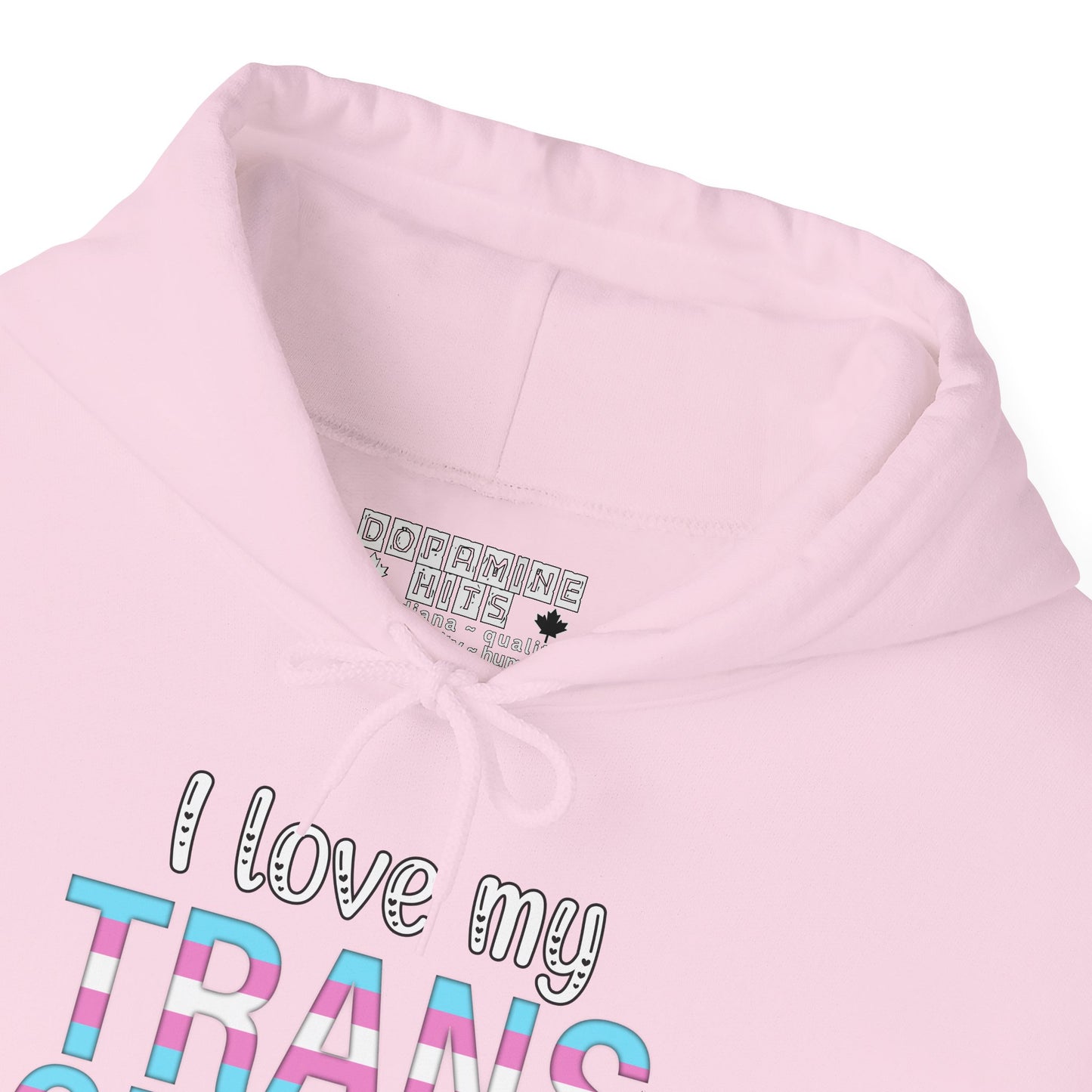 Pink hoodie with text 'I love my TRANS' on a white background