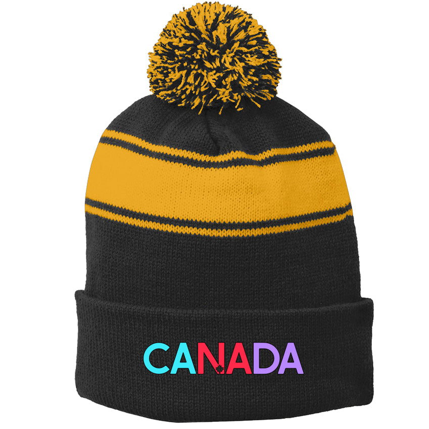 Black and yellow striped beanie with colorful 'CANADA' text on a white background