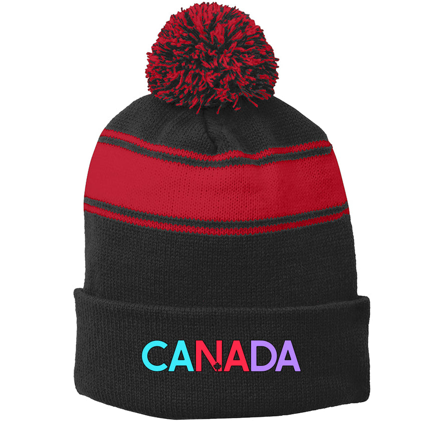Black and red beanie with colorful 'CANADA' text on a white background