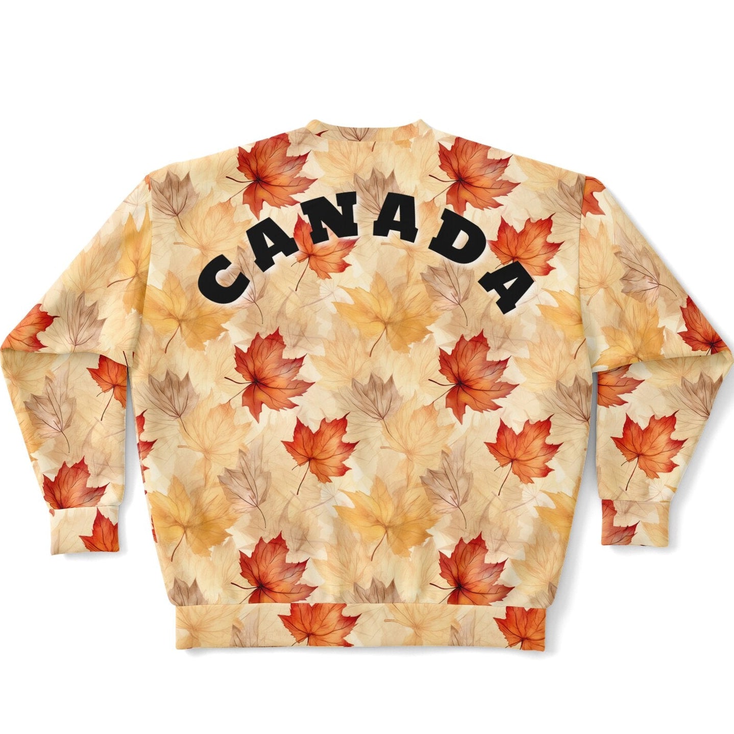 Sweatshirt with autumn leaf pattern and 'CANADA' text on a beige background