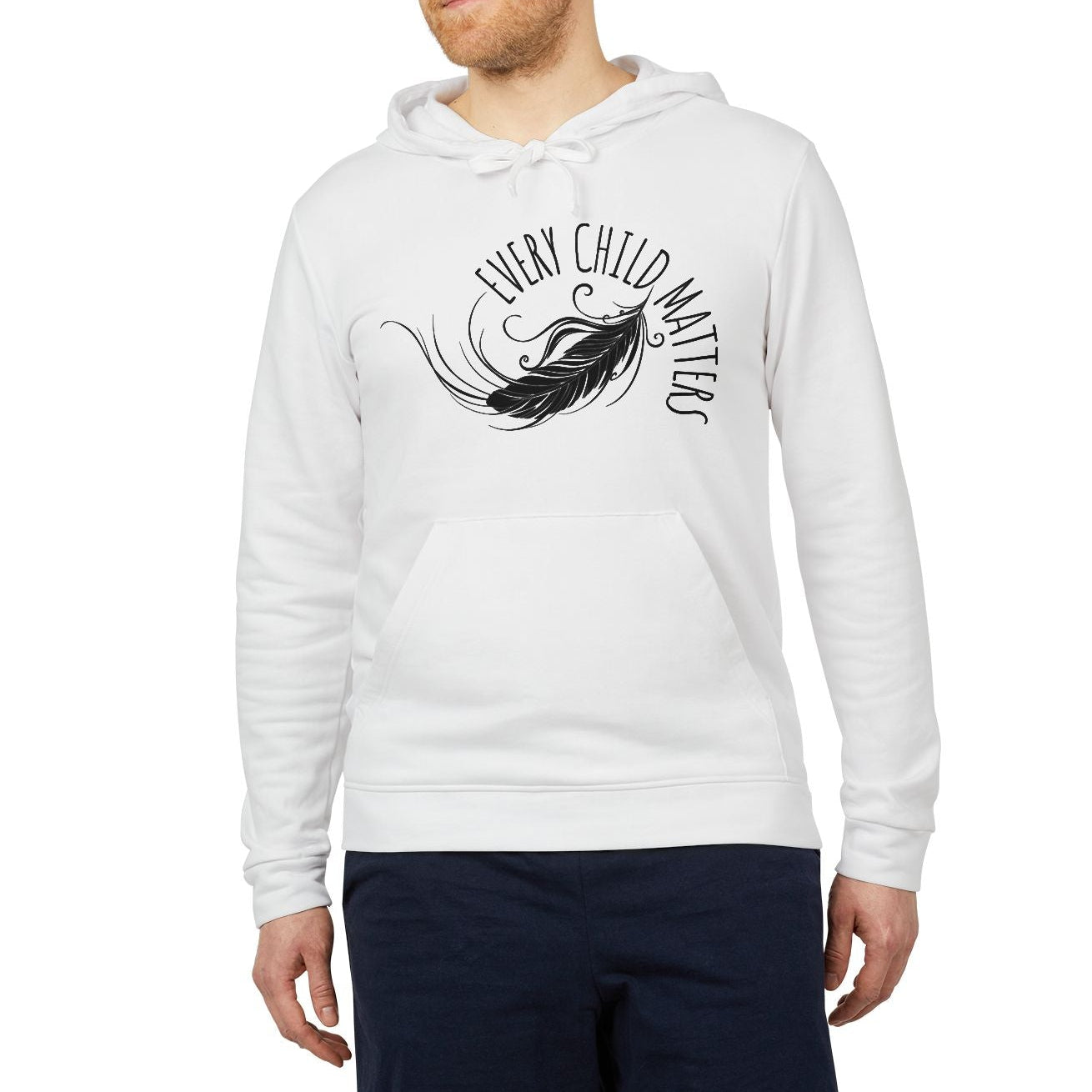 Man wearing a white hoodie with a graphic design on a white background