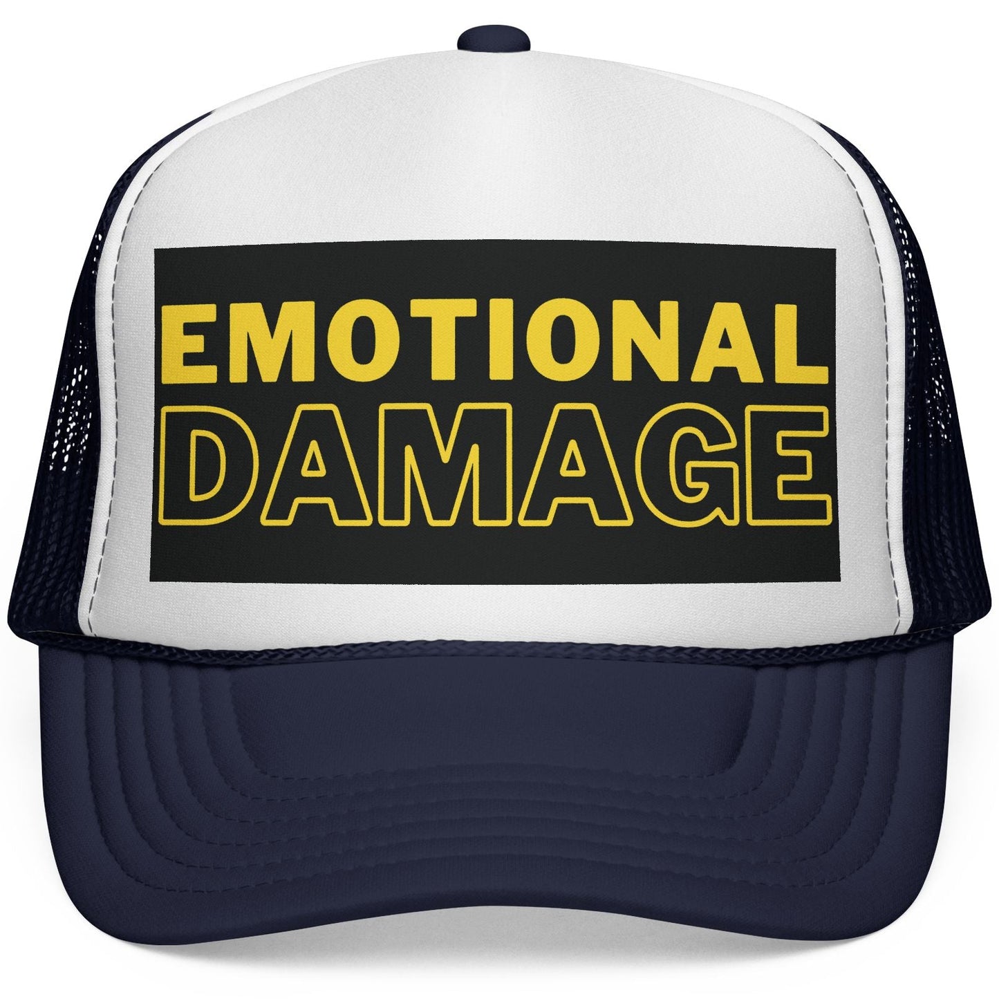Trucker hat with 'EMOTIONAL DAMAGE' text on a white background