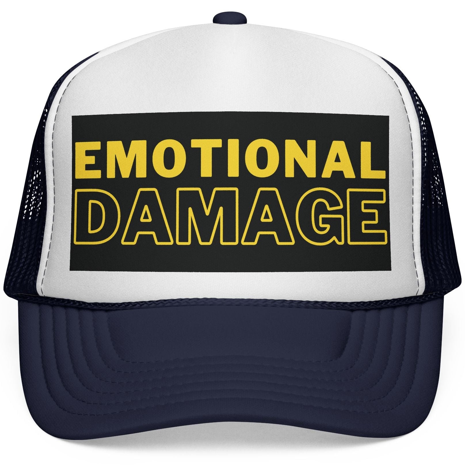 Trucker hat with 'EMOTIONAL DAMAGE' text on a white background