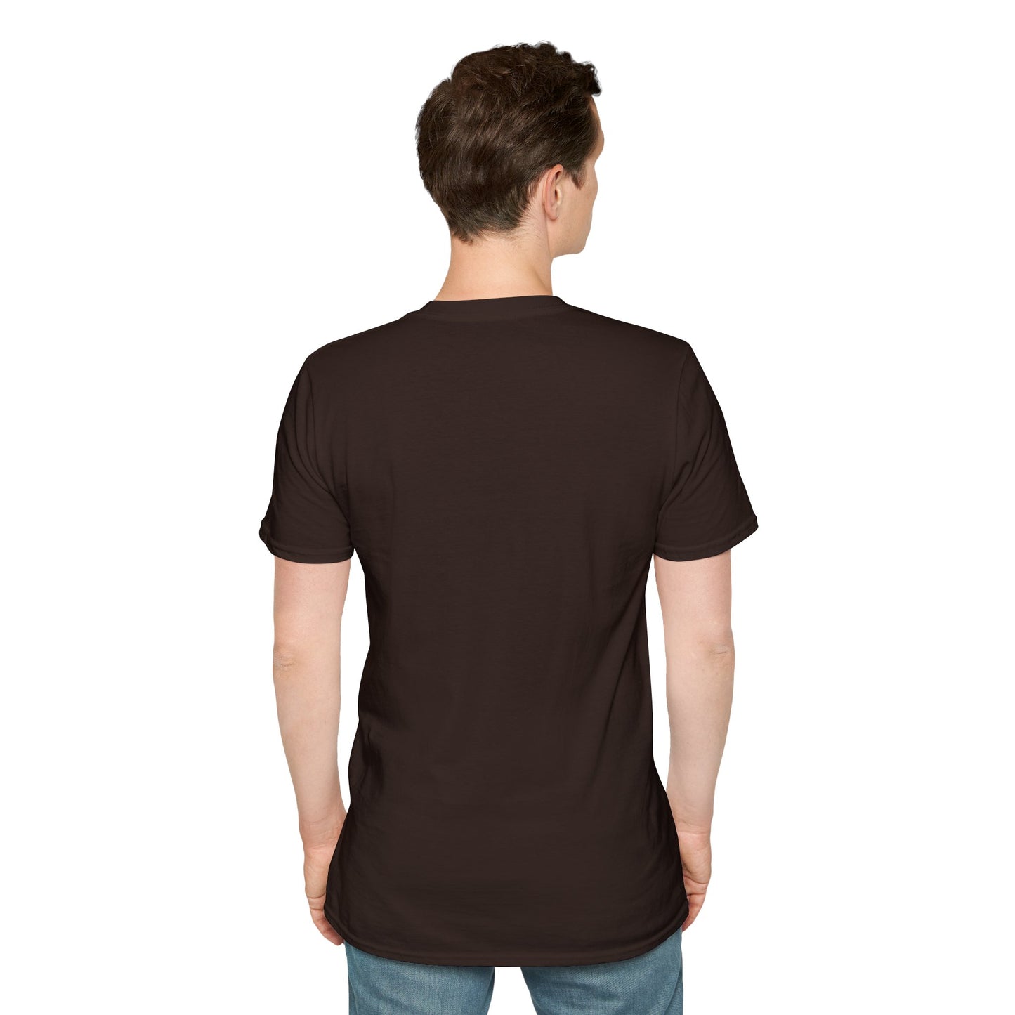 Man wearing a plain brown t-shirt on a white background