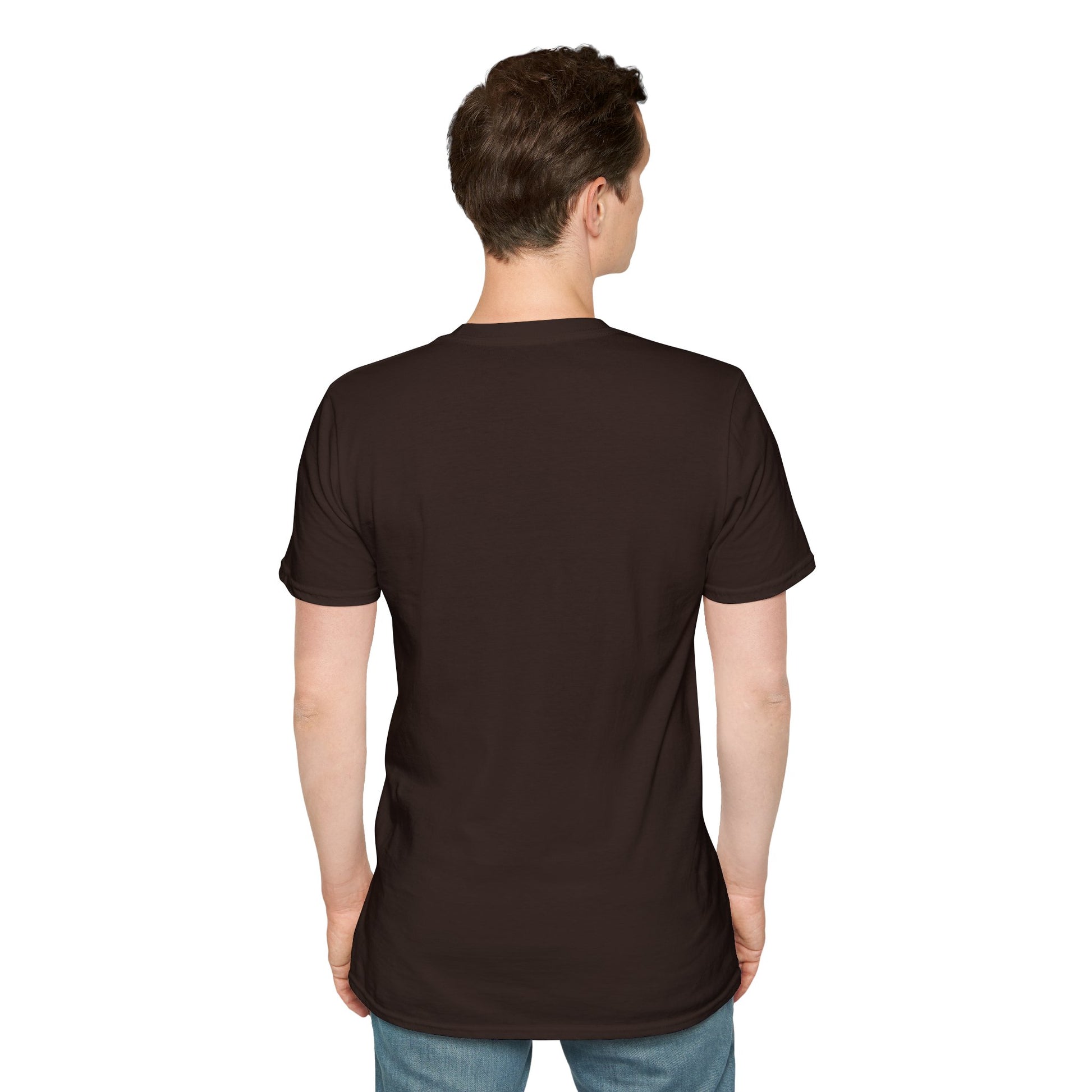 Man wearing a plain brown t-shirt on a white background