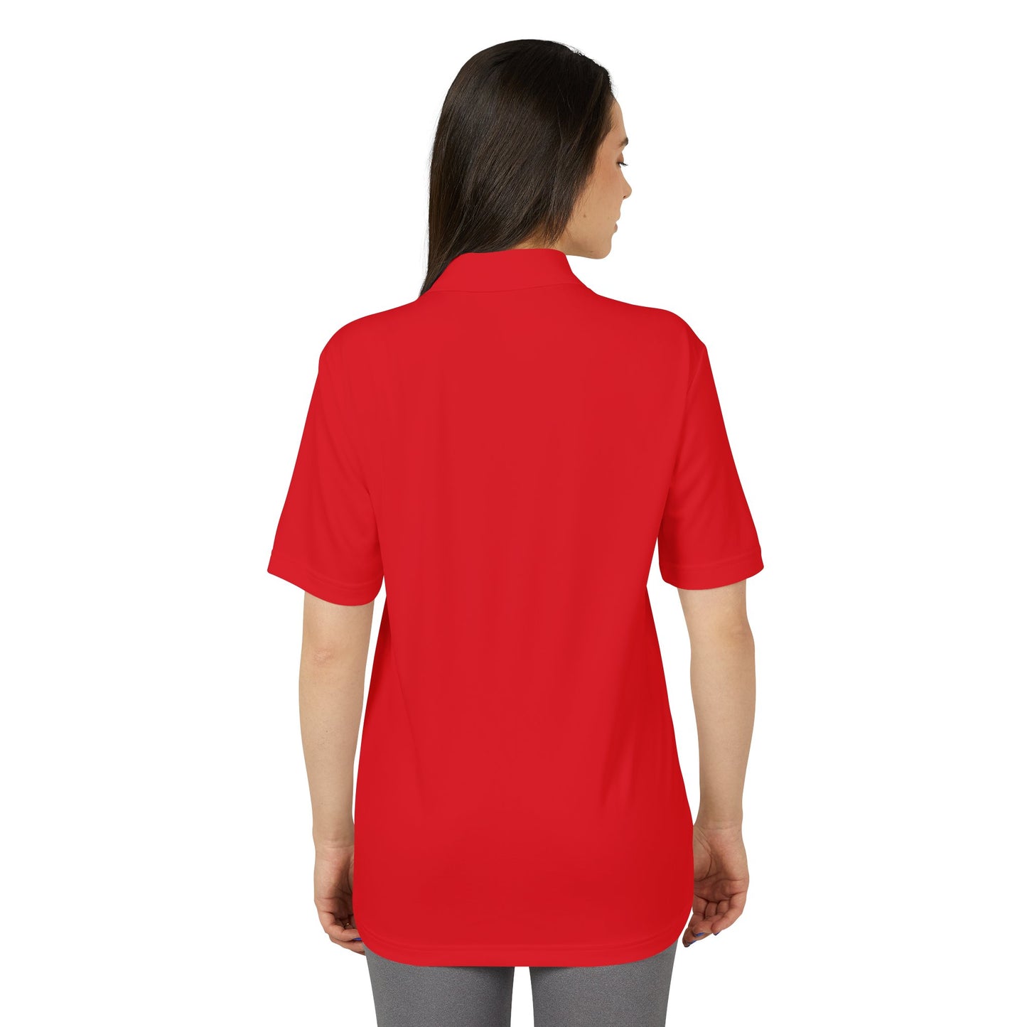 Person wearing a red polo shirt on a white background