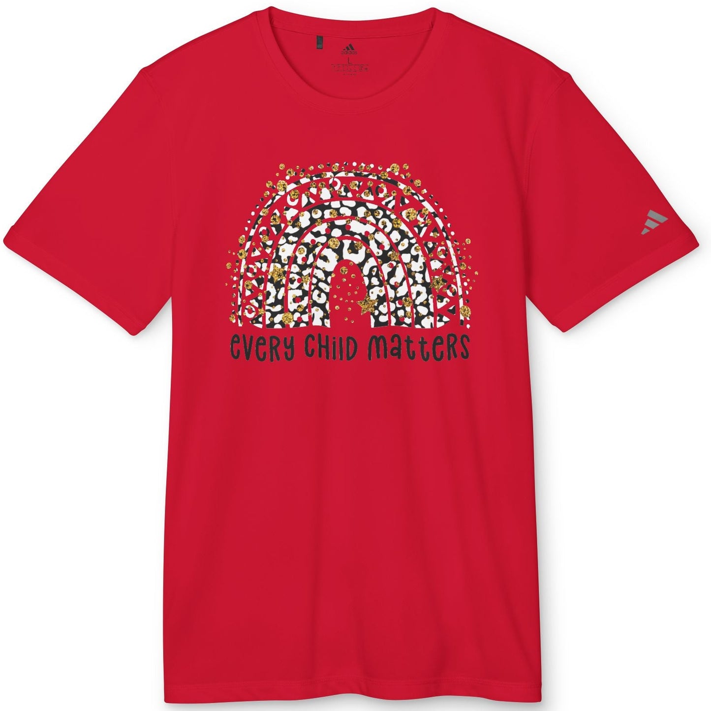 Red t-shirt with a graphic design and 'Every Child Matters' text on a white background