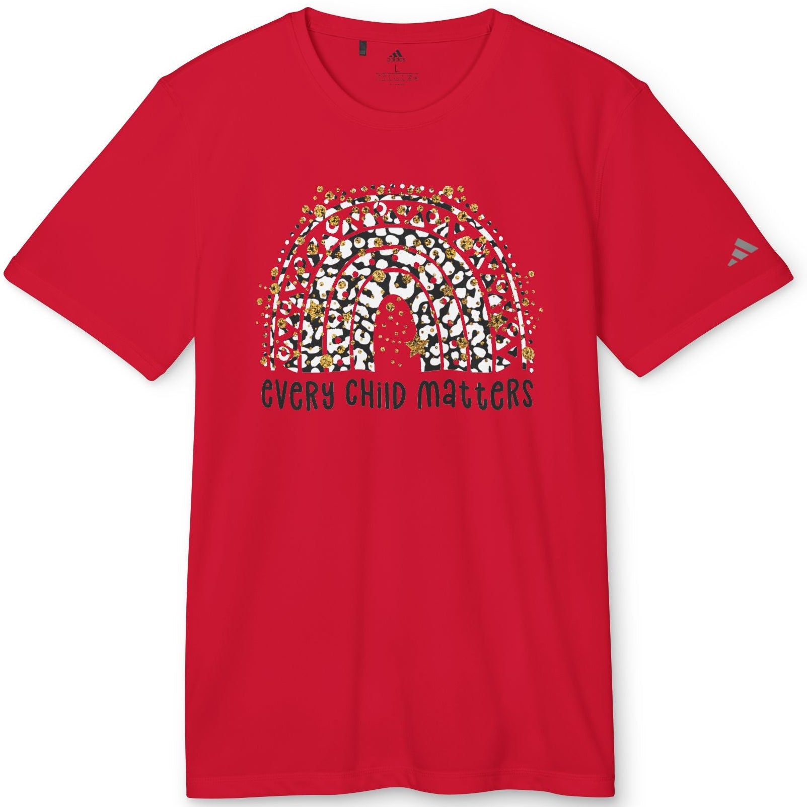 Red t-shirt with a graphic design and 'Every Child Matters' text on a white background