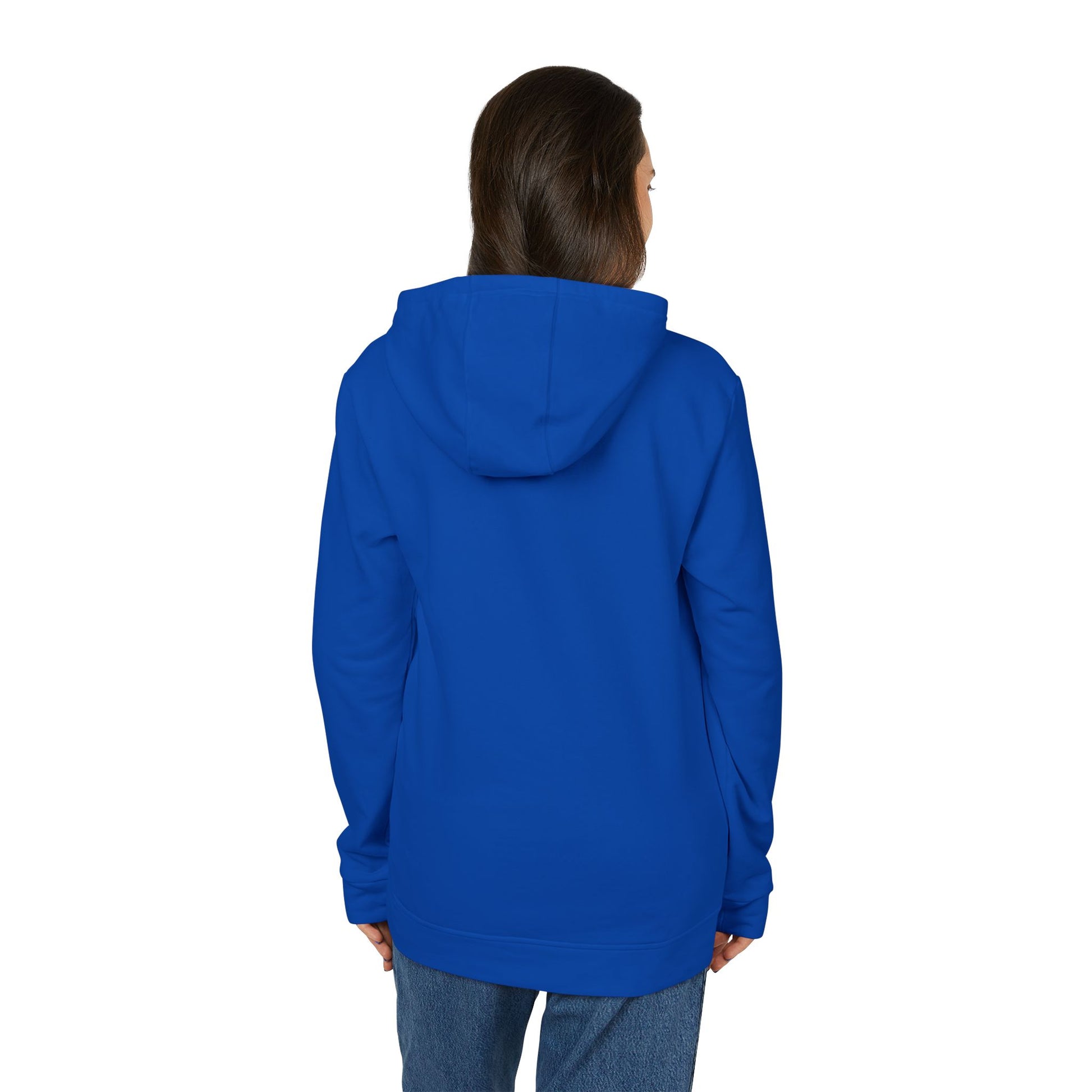 Person wearing a blue hoodie on a white background