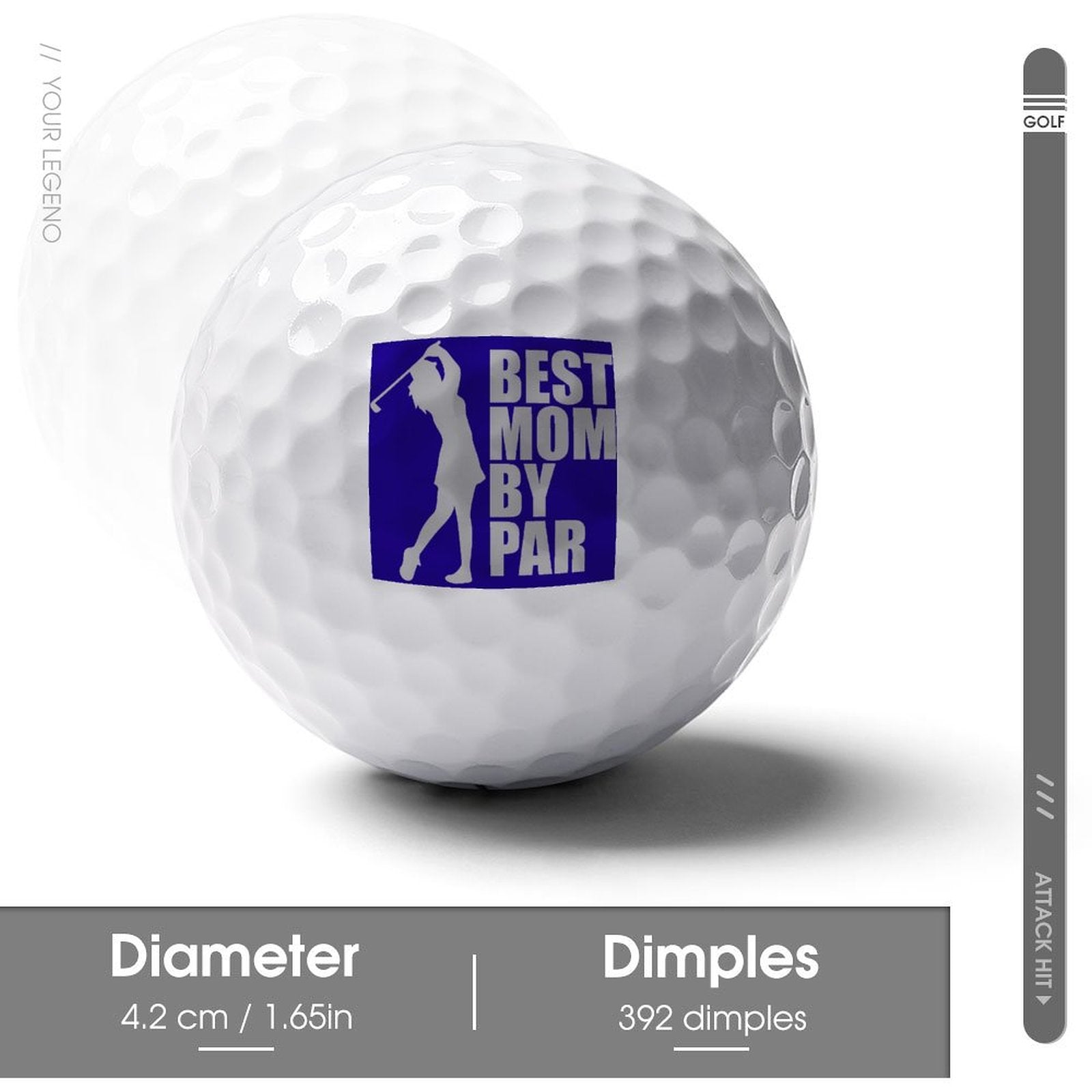 Golf ball with 'Best Mom by Par' logo on a white background