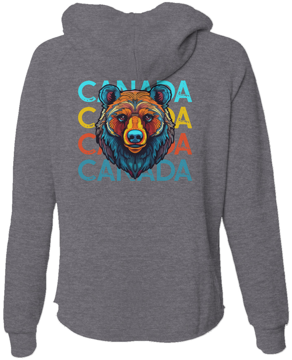 Gray hoodie with a bear graphic and 'Canada' text on the back against a white background