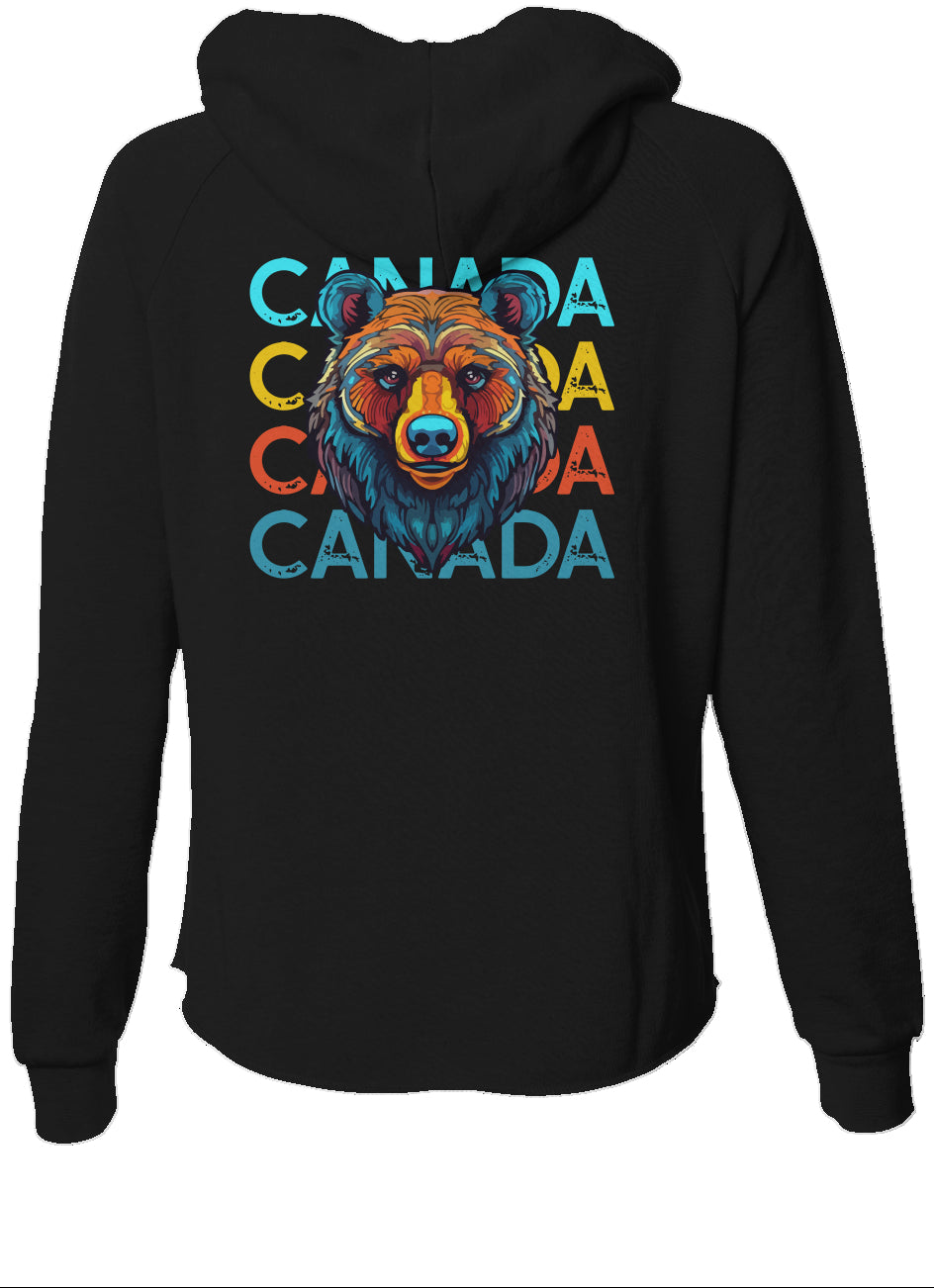 Black hoodie with a colorful bear graphic and 'Canada' text on the back against a white background