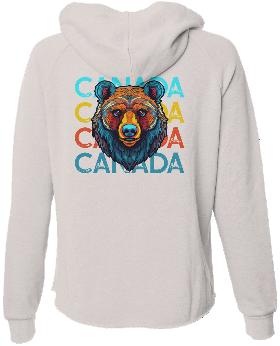 Bone hoodie with a colorful bear graphic and 'Canada' text on the back against a white background