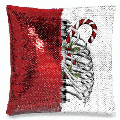 Candy Canes and Bones – Festive Goth Christmas Sequin Pillowcase – Soft, Durable, and Elegant Home Décor