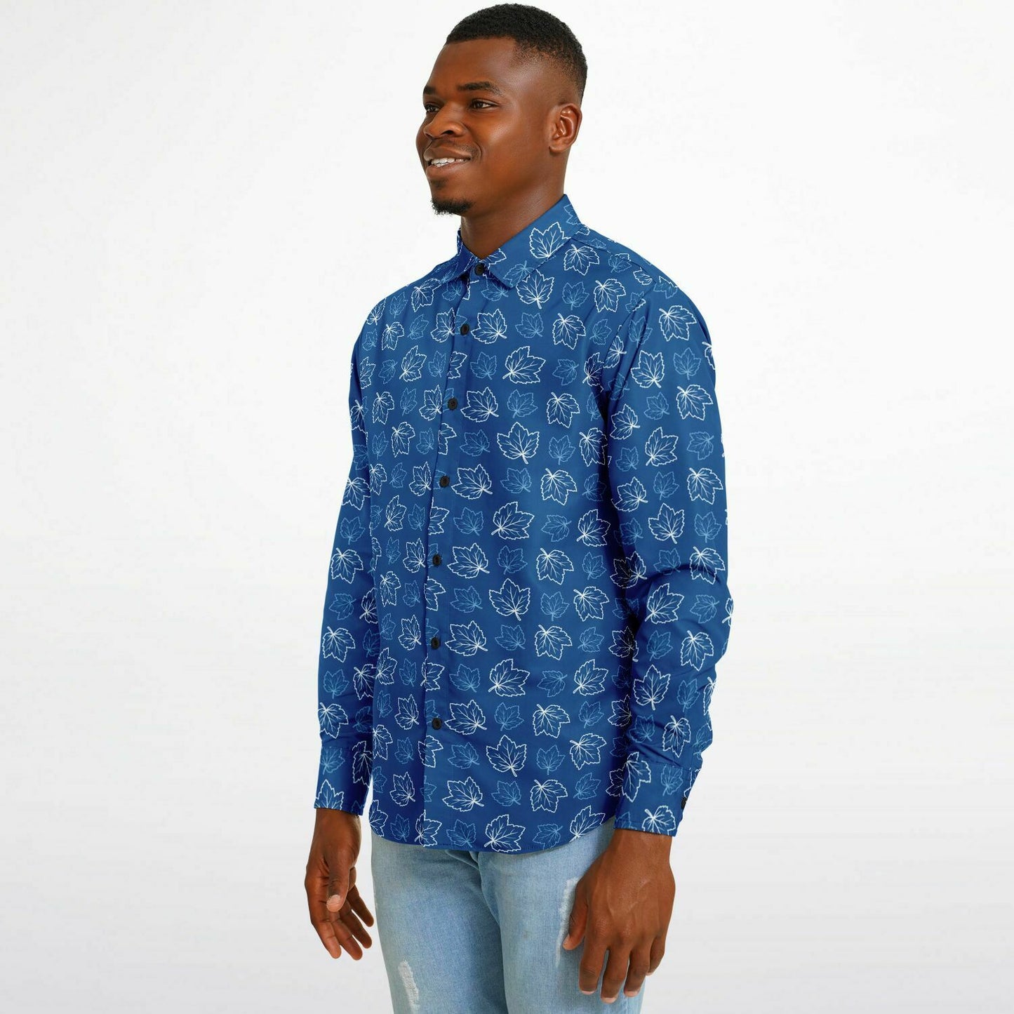 Maple Leaves Blue Long Sleeve Button Down Shirt