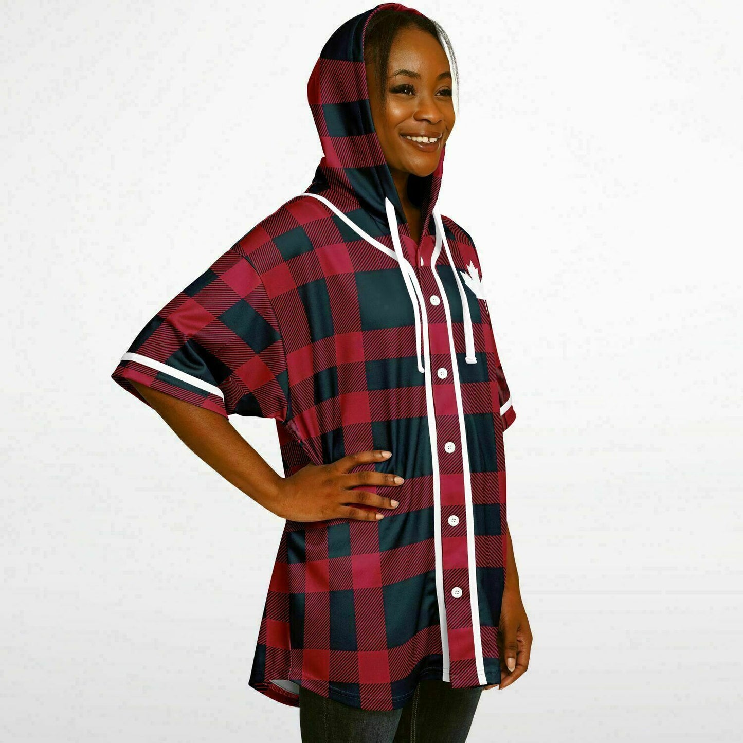 True North Strong and Free Red Plaid Hooded Baseball Jersey