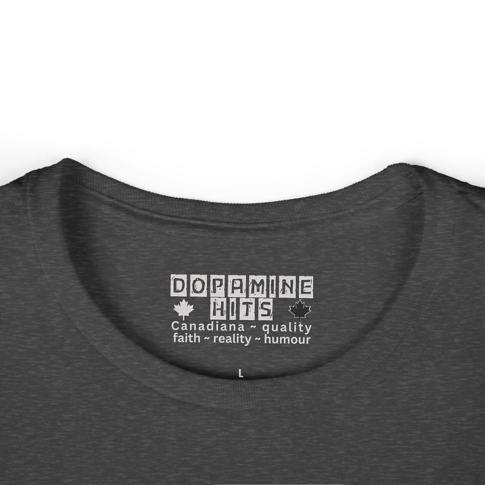 Heather Gray t-shirt with 'Dopamine Hits' text and design on a white background