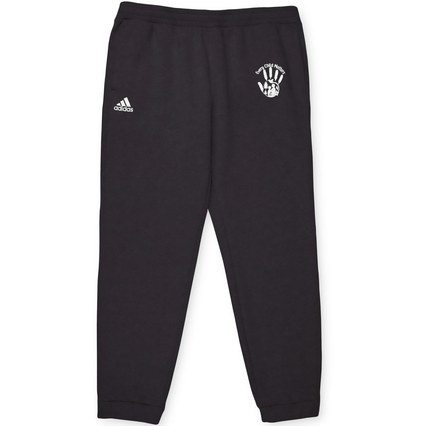 Black Adidas sweatpants with a logo on a white background
