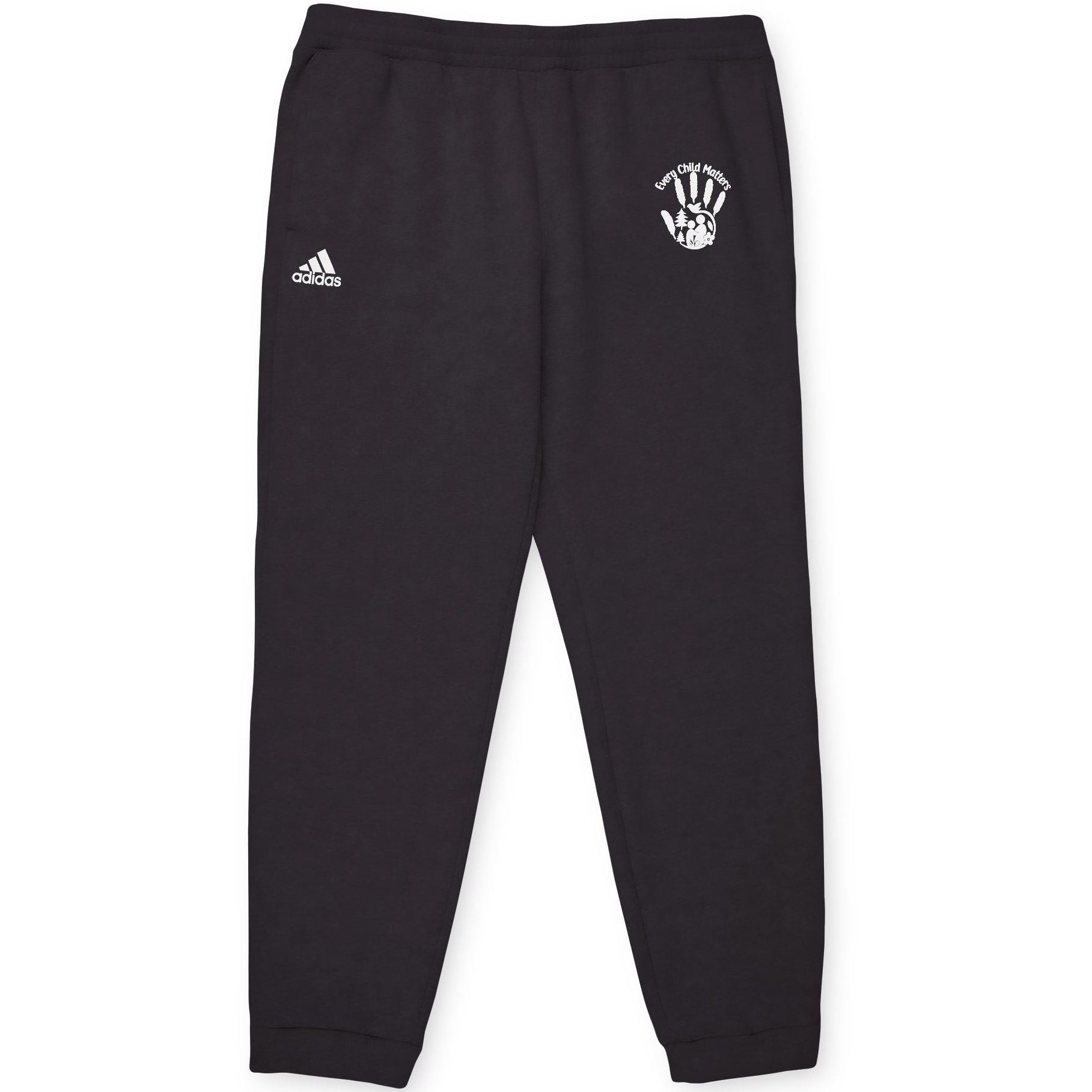 Black Adidas sweatpants with a logo on a white background