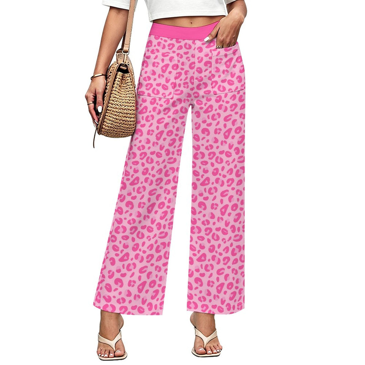 Pink Leopard Print | Women's Straight Wide-Leg Crop Pants