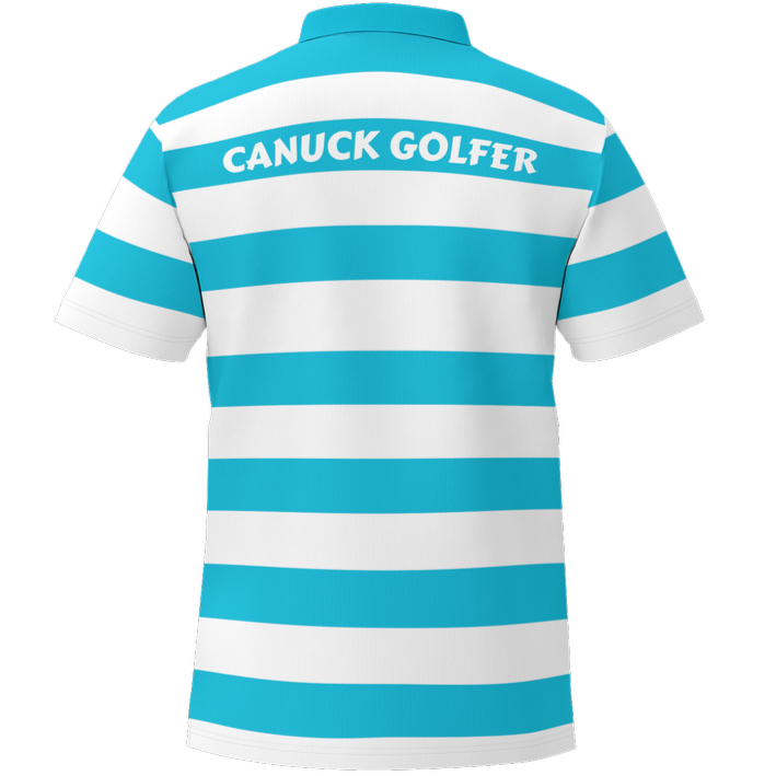 Blue and white striped polo shirt with 'Canuck Golfer' text on a white background