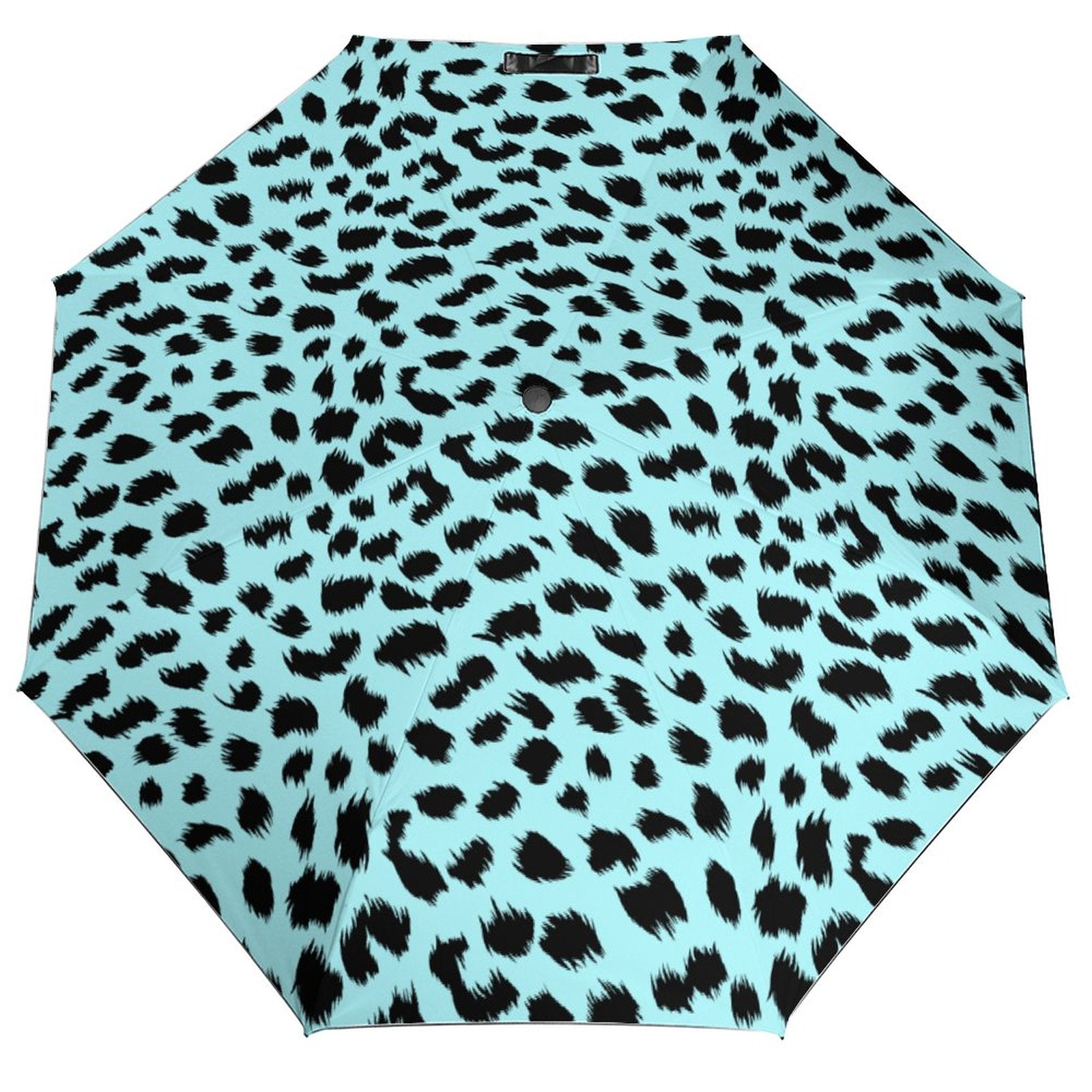 Umbrella with black leopard print on a light blue background