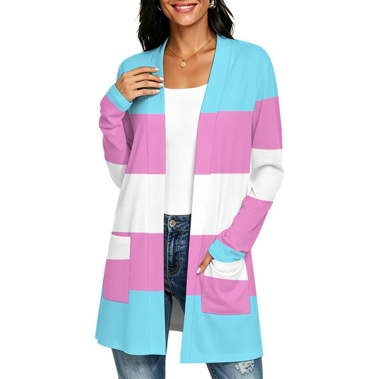 Share Your Pride | Women's Long Sleeve Cardigan With Pockets - Trans Flag Inspired