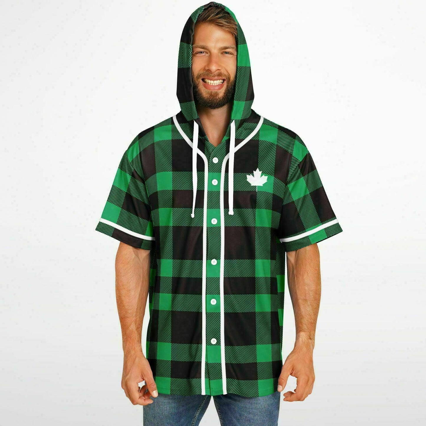 True North Strong & Free Green Plaid Hooded Baseball Jersey