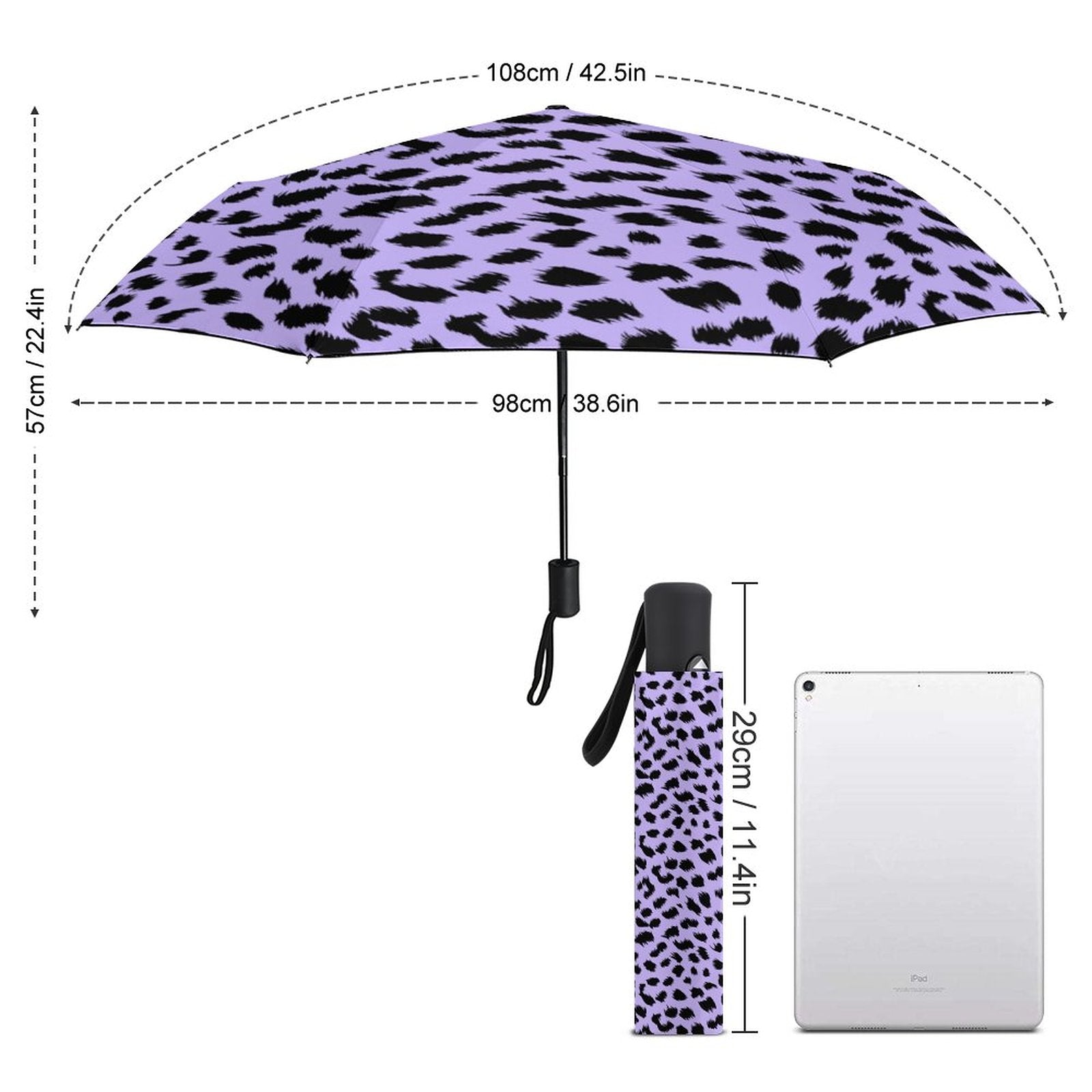 Purple leopard print umbrella with measurements on a white background