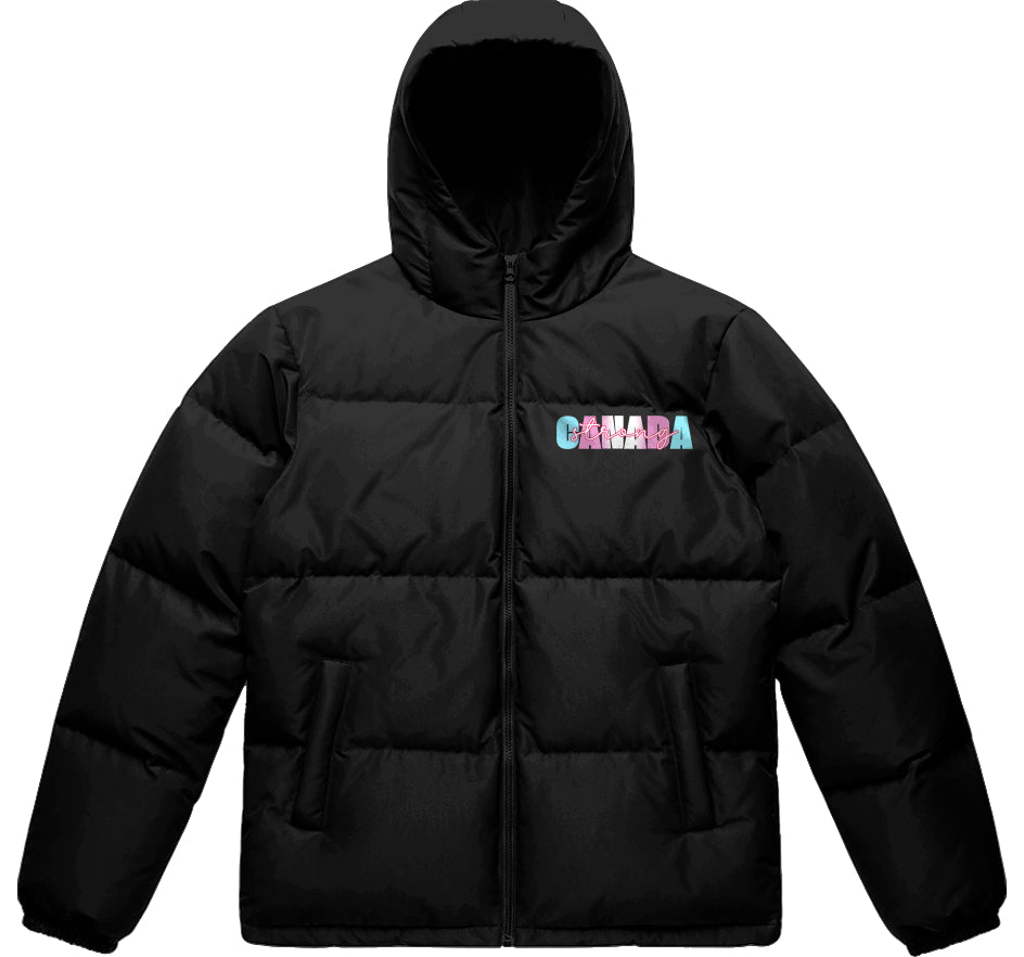 A black hooded puffer jacket with a front zipper and zippered pockets, featuring a colourful 'CANADA' graphic on the left chest, displayed on a solid white background.