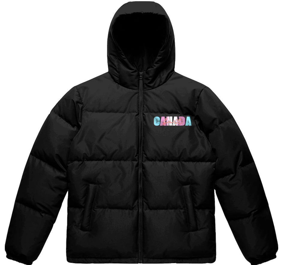 A black hooded puffer jacket with a front zipper and zippered pockets, featuring a colourful 'CANADA' graphic on the left chest, displayed on a solid white background.