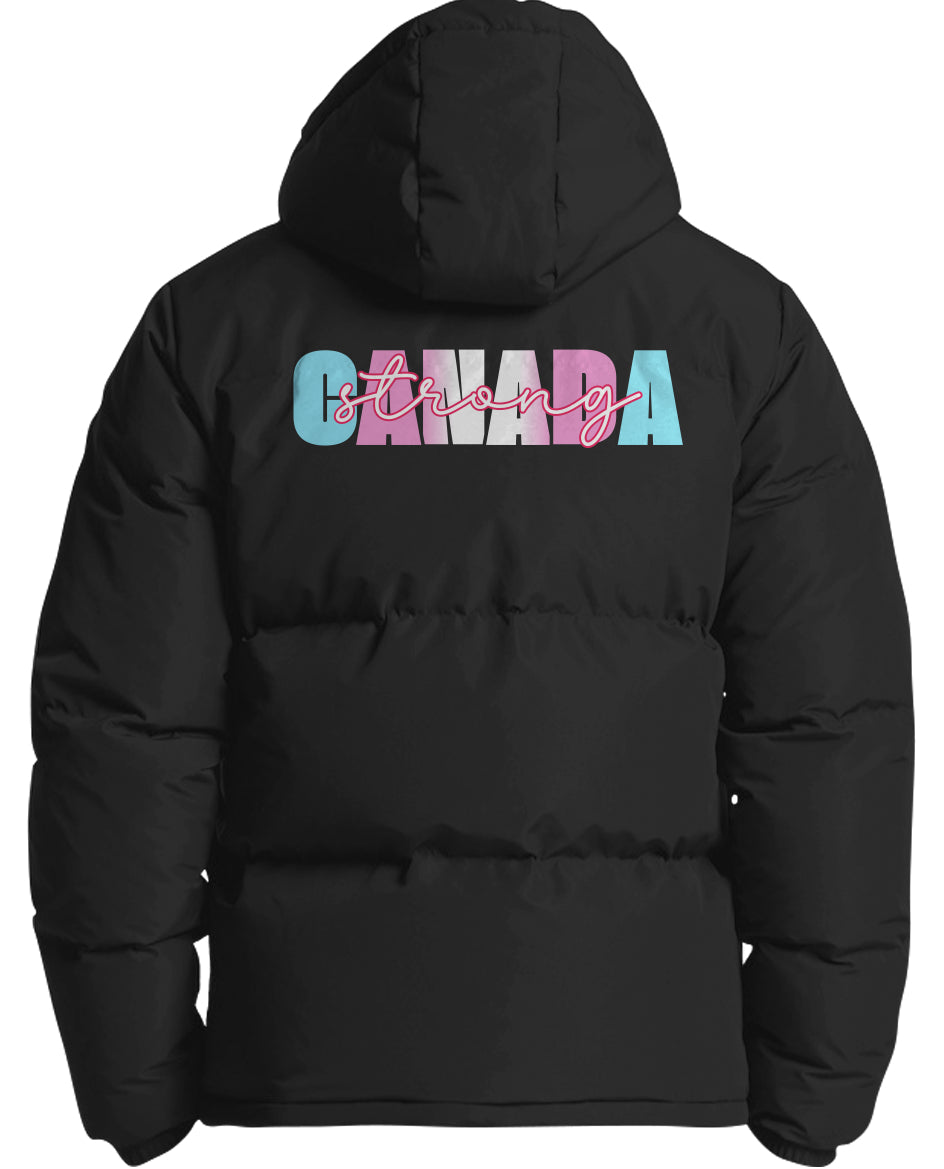 A black hooded puffer jacket shown from the back, featuring a colourful graphic print on the upper back that reads 'CANADA strong' in pastel blue, pink, and white lettering.