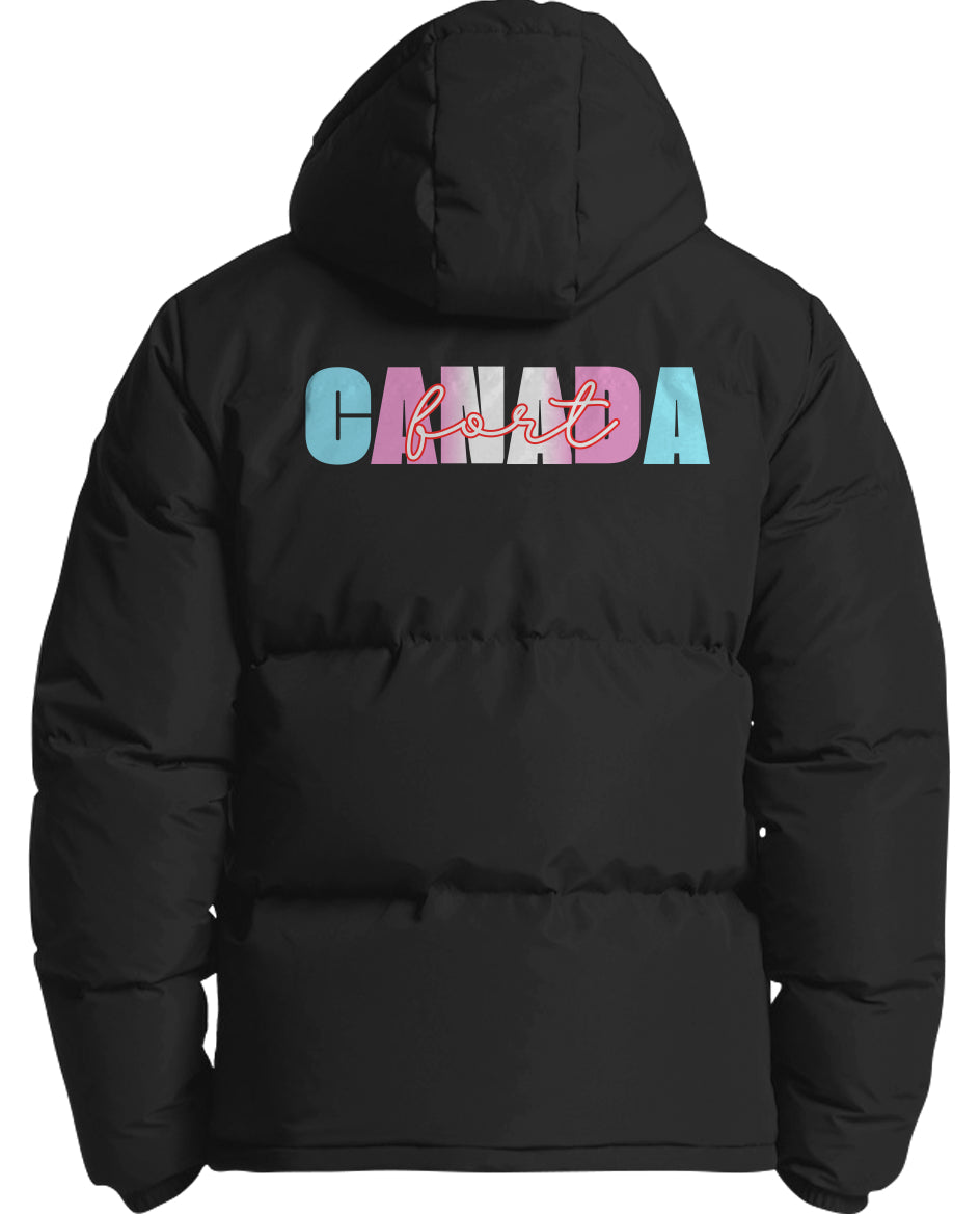 A black hooded puffer jacket shown from the back, featuring a colourful graphic print on the upper back that reads 'CANADA fort' in pastel blue, pink, and white lettering.