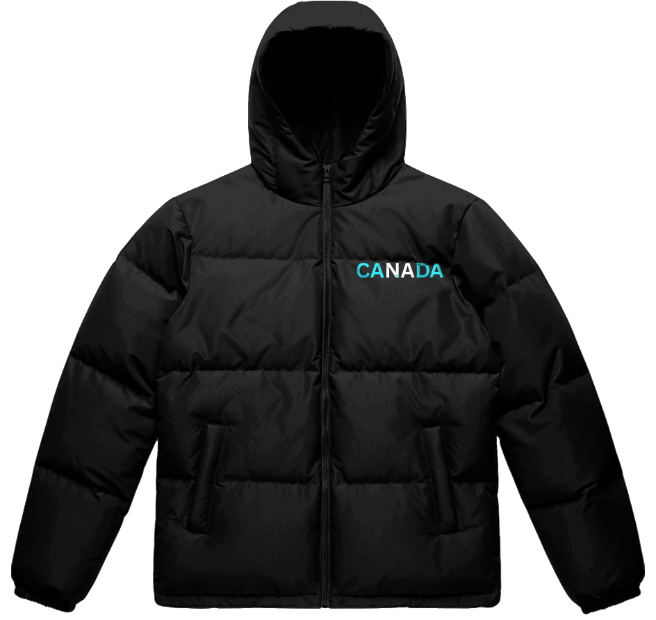 A black hooded puffer jacket with horizontal quilting, a front zipper, and a colourful 'CANADA' logo printed on the left chest, displayed against a solid white background.