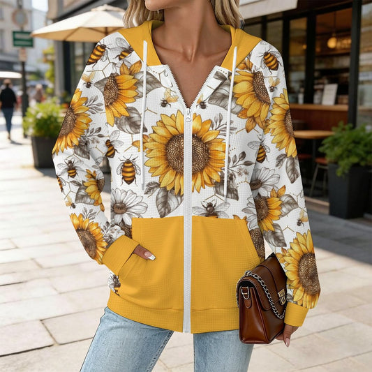 Sunflowers & Bees | Waffle Hoodie Zipper Sweater