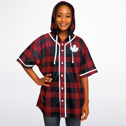 True North Strong and Free | Hooded Baseball Jersey - Red Plaid