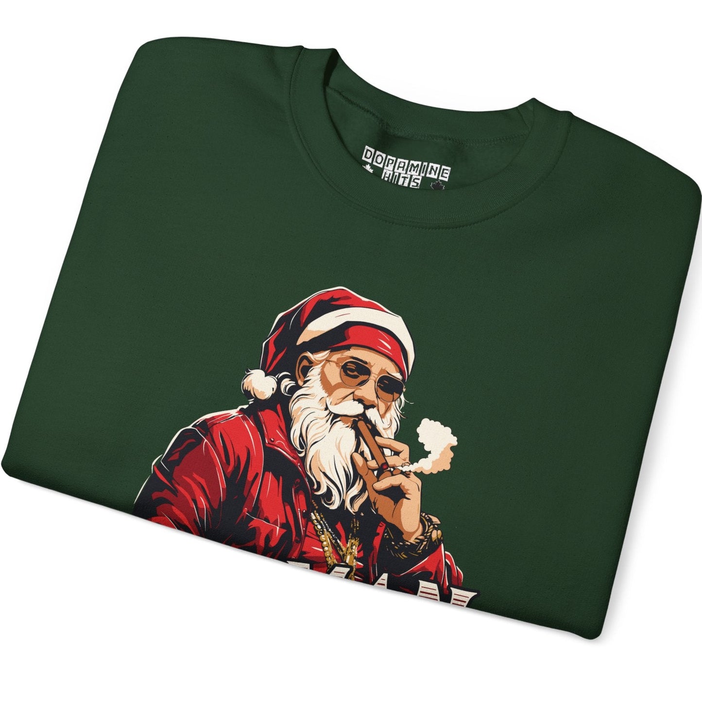 Folded green t-shirt with a graphic of a smoking Santa Claus on a white background